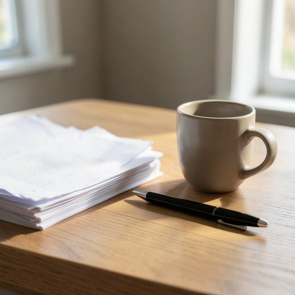 Finiquito impreso junto a un bolígrafo y una taza de café